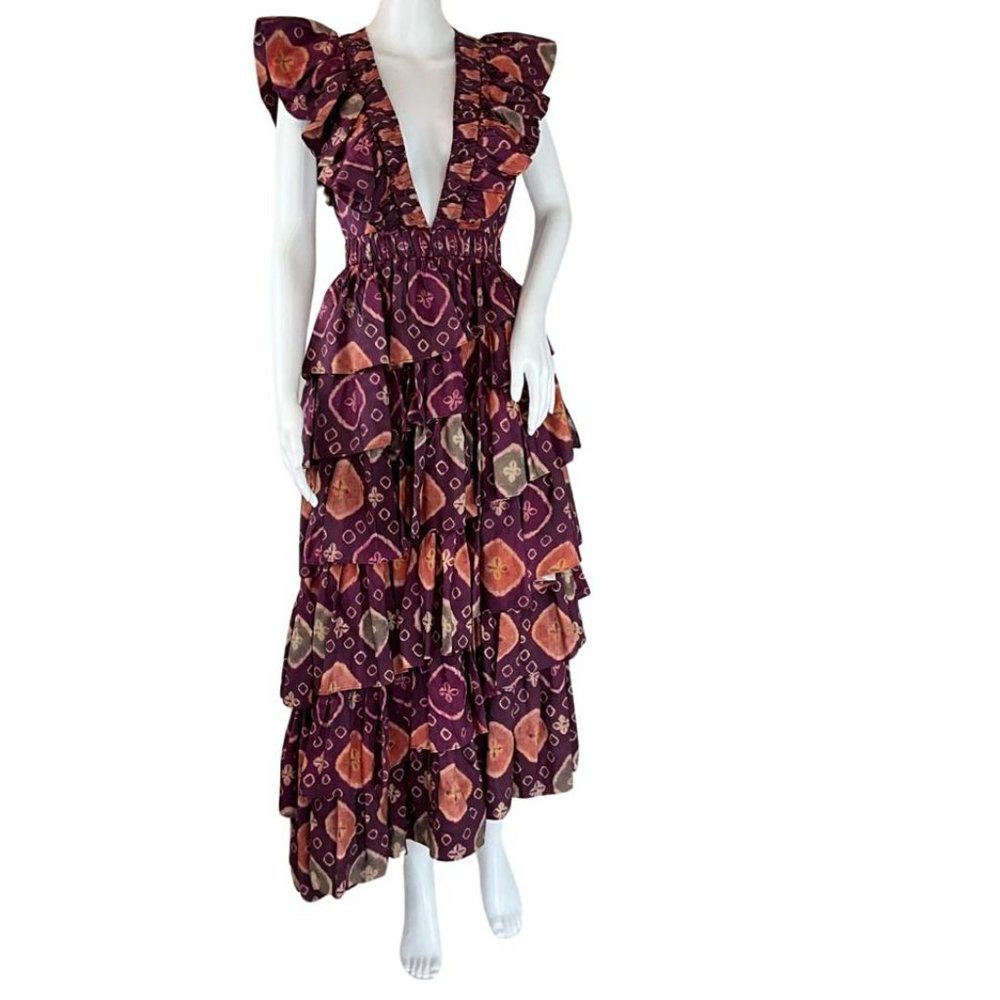 Ulla Johnson Women's Viola Asymmetric Floral Print Tiered Silk Dress Purple Sz 2 - Picture 2 of 10